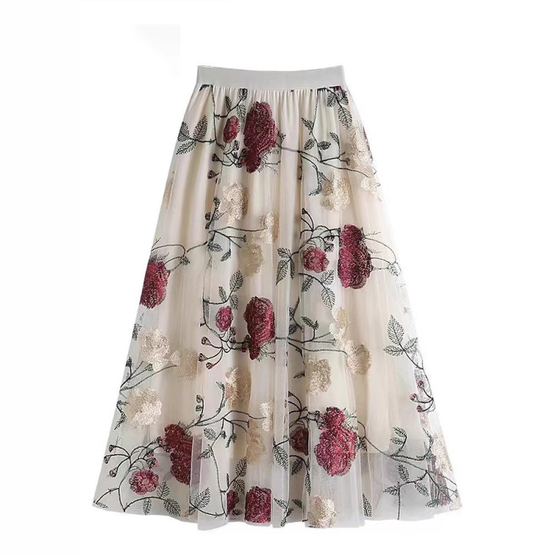 Új Retro Magas Derekú Karcsú Hímzett Nagy Virágos Divat Édes Hálós Közepes Hosszúságú Tündérszoknya