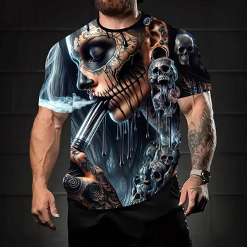 Határokon átnyúló, divatos, személyre szabott, divatos koponya sorozatú, 3D nyomtatott, rövid ujjú, alkalmi, kerek nyakú férfi póló