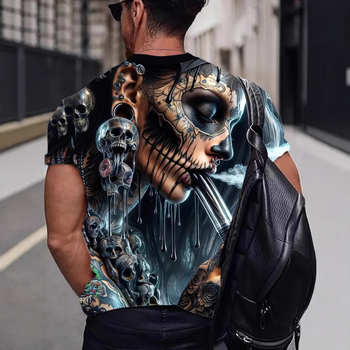 Határokon átnyúló, divatos, személyre szabott, divatos koponya sorozatú, 3D nyomtatott, rövid ujjú, alkalmi, kerek nyakú férfi póló