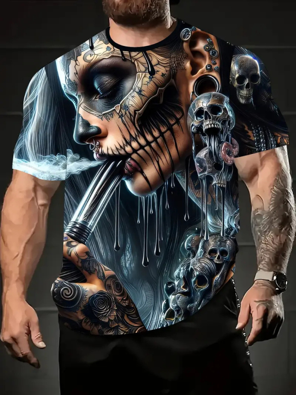 Határokon átnyúló, divatos, személyre szabott, divatos koponya sorozatú, 3D nyomtatott, rövid ujjú, alkalmi, kerek nyakú férfi póló