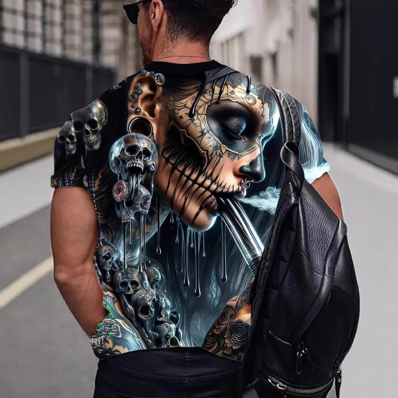 Határokon átnyúló, divatos, személyre szabott, divatos koponya sorozatú, 3D nyomtatott, rövid ujjú, alkalmi, kerek nyakú férfi póló