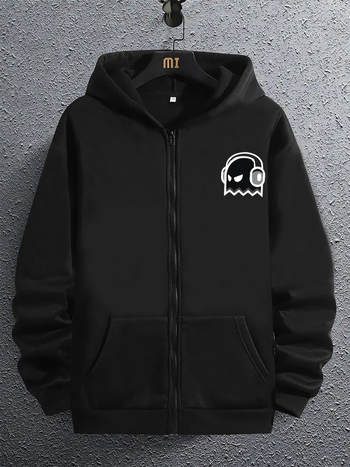 Férfi lezser, divatos, cipzáras, szellemmintás, hosszú ujjú kapucnis pulóver
