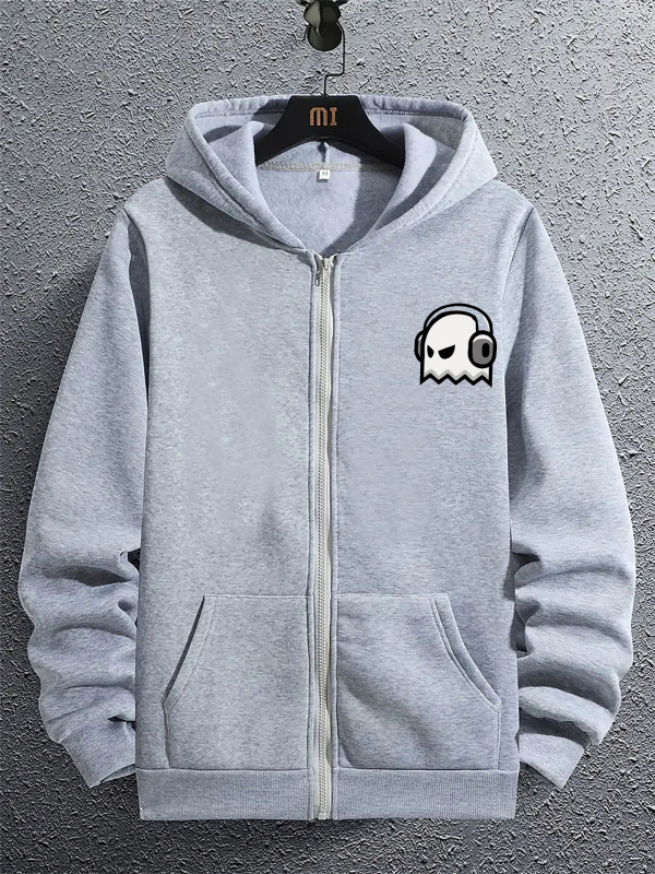 Férfi lezser, divatos, cipzáras, szellemmintás, hosszú ujjú kapucnis pulóver