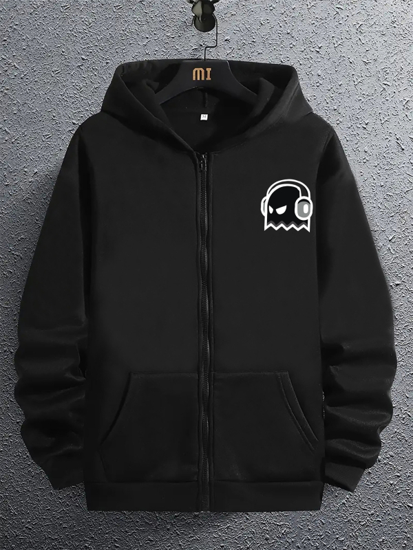 Férfi lezser, divatos, cipzáras, szellemmintás, hosszú ujjú kapucnis pulóver