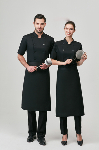 Täiesti valge polüesterpuuvill, mitte paks, lühikeste varrukatega kokariided, söökla riisitööriided, tikitud ja trükitud logoga