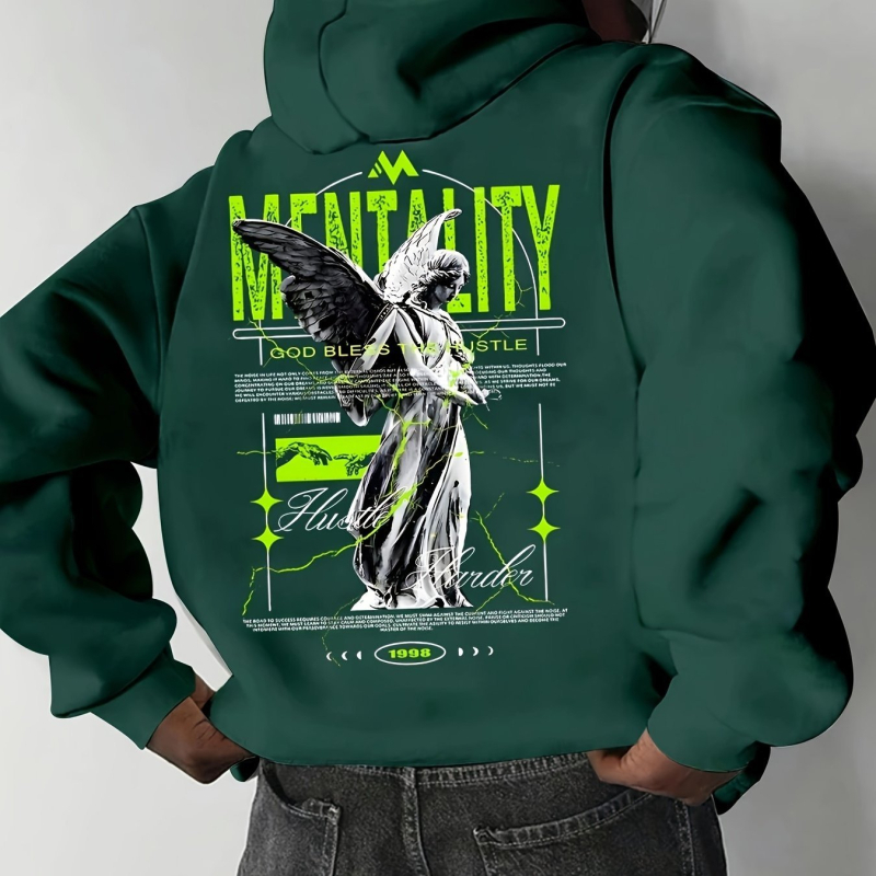 Férfi őszi-téli angyalmintás kapucnis velúr pulóver