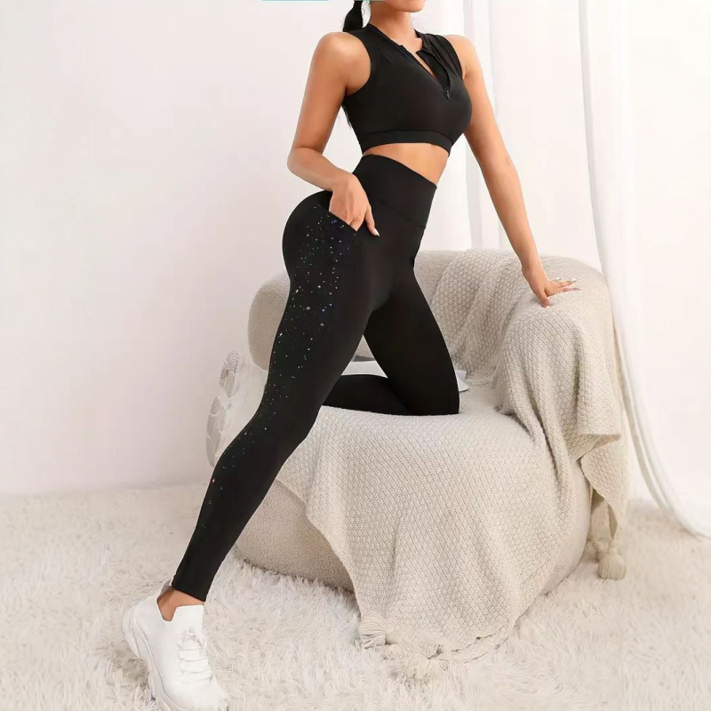 Európai és amerikai jóganadrág, magas derekú, csípőemelő sportfitnesznadrág, dupla fedeles zsebes nadrág, rugalmas, hasfeszesítő leggings nőknek, csillagos égbolt