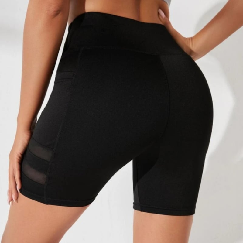 Pantaloni sport strâmți din trei părți, cu talie înaltă, transfrontalieri, din Europa și Statele Unite, pentru fitness, mărime plus, negri, cu cusături laterale, pantaloni scurți din plasă
