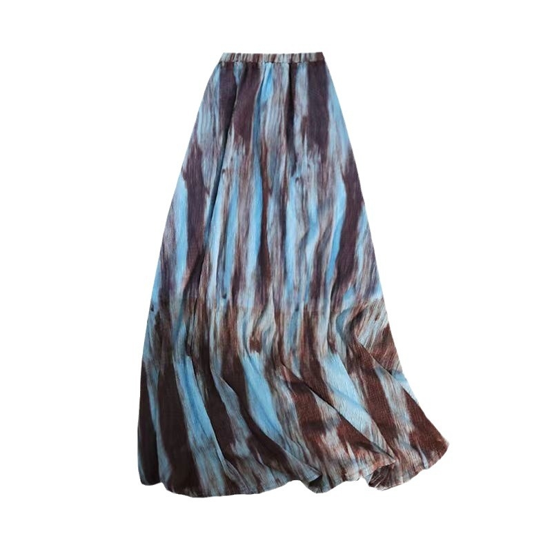 Vintage batikolt rakott szoknya női 2024 nyári új ünnepi stílusú magas derekú, karcsúsító, A alakú hosszú ruha