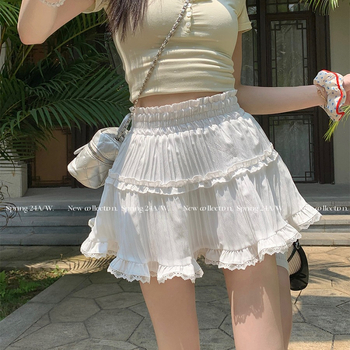 Fehér rövid szoknya, édes balett stílusú szoknya, női nyári, csipke elleni, csipkés fekete tortaszoknya