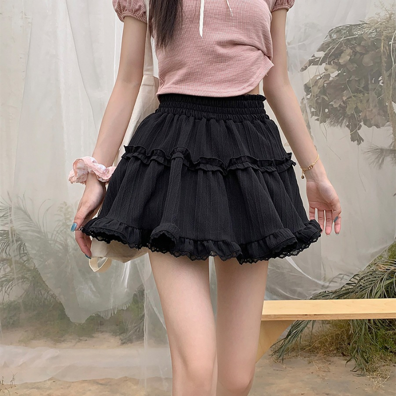 Fehér rövid szoknya, édes balett stílusú szoknya, női nyári, csipke elleni, csipkés fekete tortaszoknya