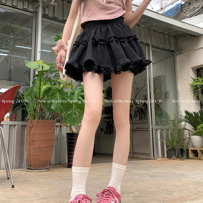 Fehér rövid szoknya, édes balett stílusú szoknya, női nyári, csipke elleni, csipkés fekete tortaszoknya