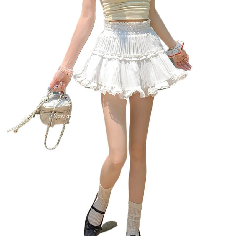 Fehér rövid szoknya, édes balett stílusú szoknya, női nyári, csipke elleni, csipkés fekete tortaszoknya