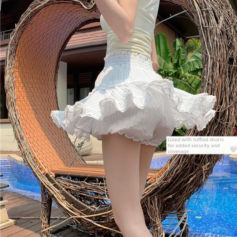 Fehér rövid szoknya, édes balett stílusú szoknya, női nyári, csipke elleni, csipkés fekete tortaszoknya