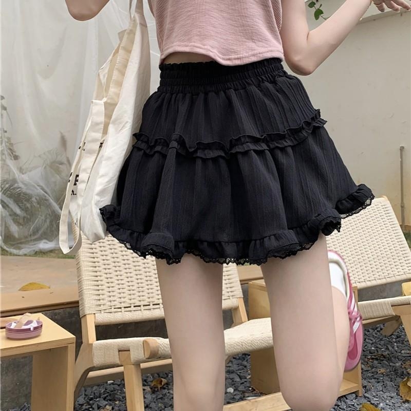 Fehér rövid szoknya, édes balett stílusú szoknya, női nyári, csipke elleni, csipkés fekete tortaszoknya