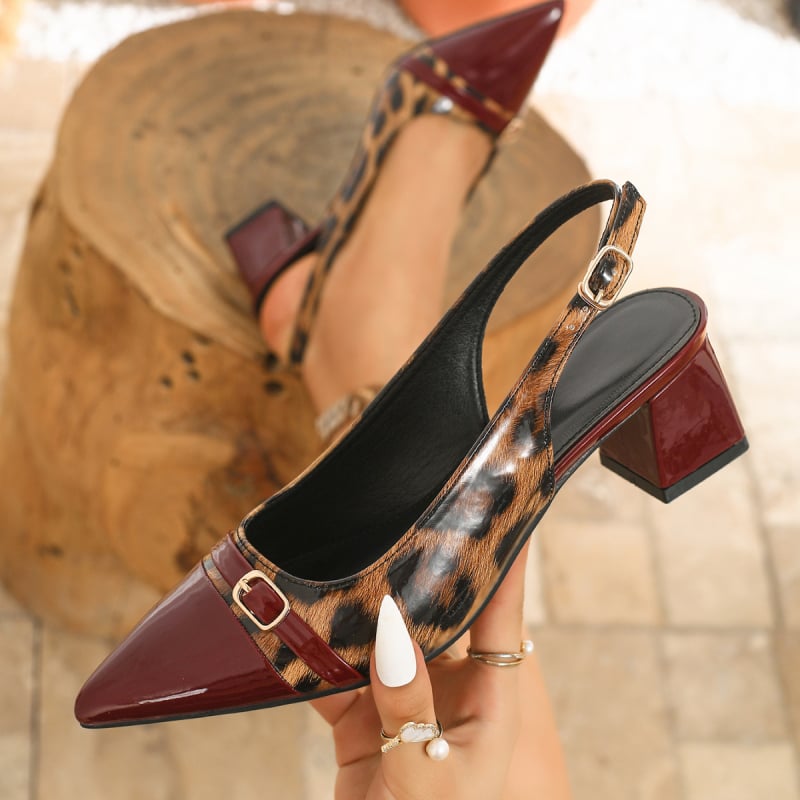 Piiriülese väliskaubanduse teravatipulised leopardimustriga naiste sandaalid baotou ja tagumiste tühjade sandaalidega suveks 2025 kontrastvärvi paksu kontsaga kõrge kontsaga