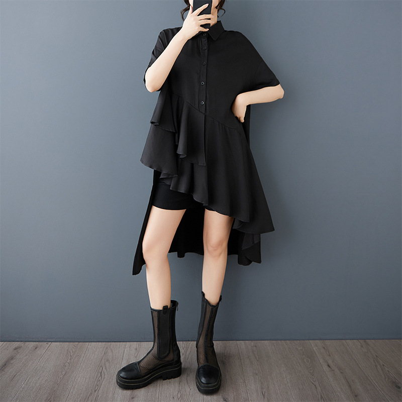 2025 m. pavasario ir vasaros nauji daugiasluoksniai, vidutinio ilgio, raukti, netaisyklingo apvado marškiniai su sijonėle