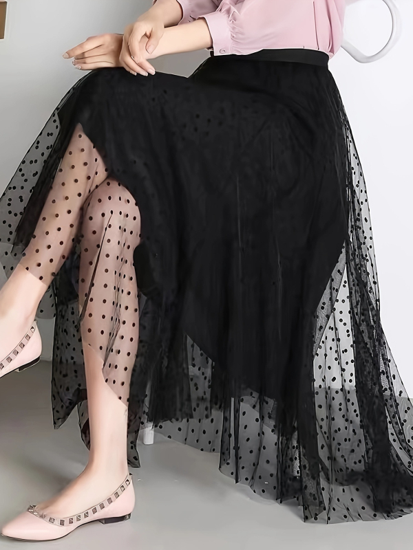 Karcsúsító A-vonalú szoknya bársony pöttyökkel és puha hálós anyaggal, S-5Xl méretben, A-vonalú halszálka szoknya, középhosszú szoknya
