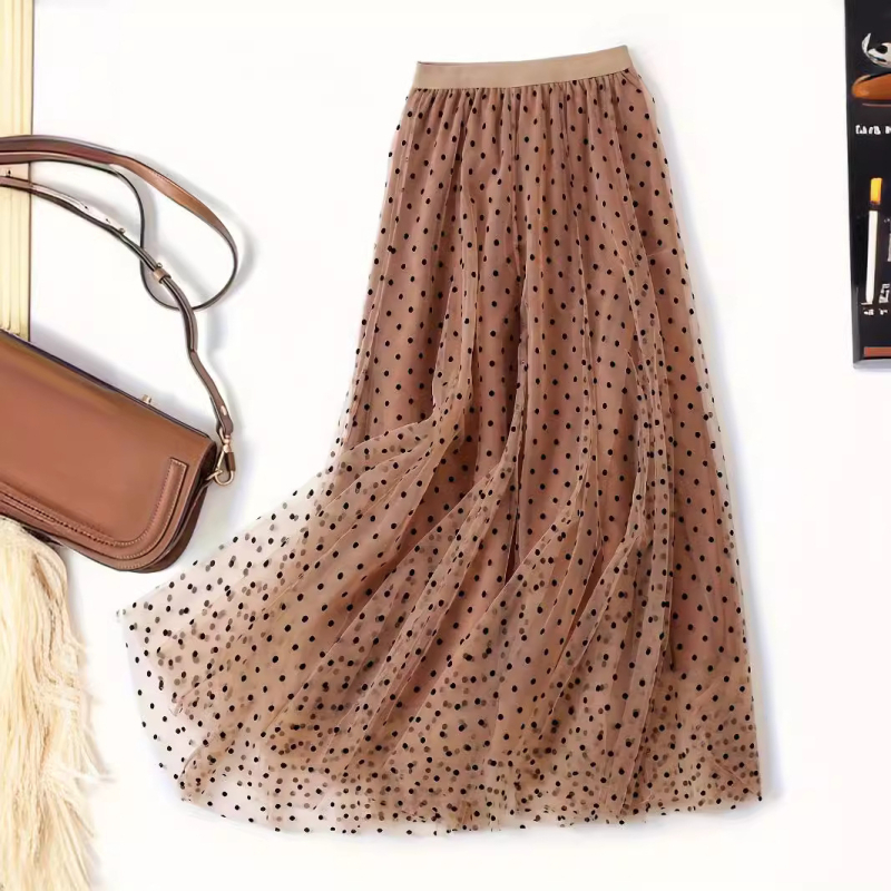 Karcsúsító A-vonalú szoknya bársony pöttyökkel és puha hálós anyaggal, S-5Xl méretben, A-vonalú halszálka szoknya, középhosszú szoknya
