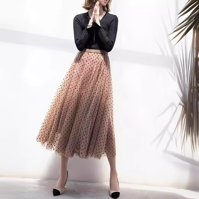 Karcsúsító A-vonalú szoknya bársony pöttyökkel és puha hálós anyaggal, S-5Xl méretben, A-vonalú halszálka szoknya, középhosszú szoknya