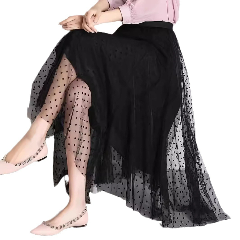 Karcsúsító A-vonalú szoknya bársony pöttyökkel és puha hálós anyaggal, S-5Xl méretben, A-vonalú halszálka szoknya, középhosszú szoknya
