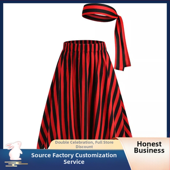 Európai és amerikai határokon átnyúló Amazon ruházat fekete és piros csíkos aszimmetrikus szegélyű szoknya női kalóz ruházat póló