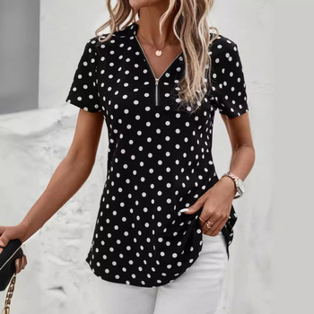 2024-es, határokon átnyúló európai és amerikai külkereskedelmi női, új hullámos, pöttyös, rövid ujjú, V-nyakú, cipzáras, szabálytalan mintás pulóverfelső