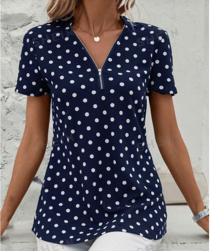 2024-es, határokon átnyúló európai és amerikai külkereskedelmi női, új hullámos, pöttyös, rövid ujjú, V-nyakú, cipzáras, szabálytalan mintás pulóverfelső