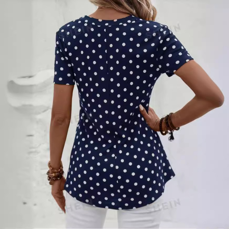 2024-es, határokon átnyúló európai és amerikai külkereskedelmi női, új hullámos, pöttyös, rövid ujjú, V-nyakú, cipzáras, szabálytalan mintás pulóverfelső