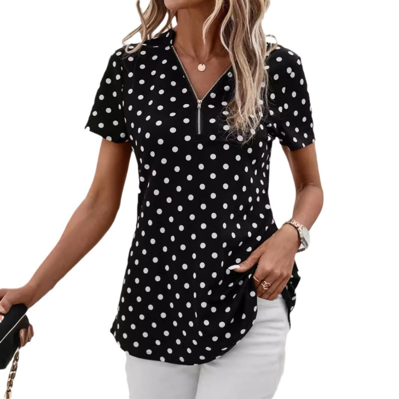 2024-es, határokon átnyúló európai és amerikai külkereskedelmi női, új hullámos, pöttyös, rövid ujjú, V-nyakú, cipzáras, szabálytalan mintás pulóverfelső