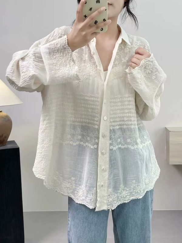 Vintage művészi laza üreges horgolt ing, naptejjel ellátott divatos kabát, vékony felső, trendi