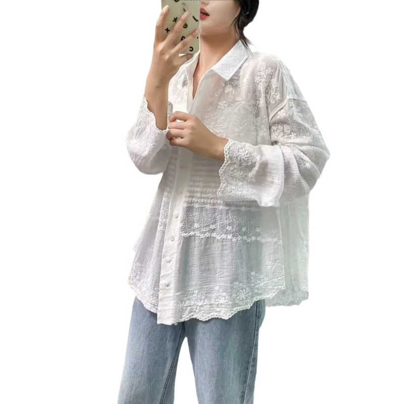 Vintage művészi laza üreges horgolt ing, naptejjel ellátott divatos kabát, vékony felső, trendi