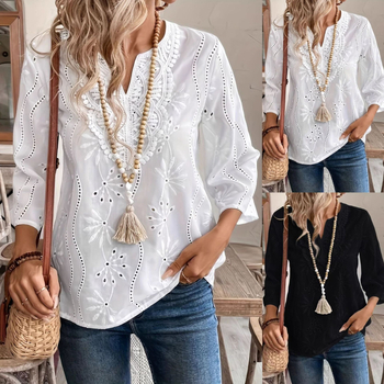 Európai és amerikai Amazon határokon átnyúló 2025 tavaszi és nyári új női felső, laza, V-nyakú, szarv ujjú, csipkés, hímzett ing