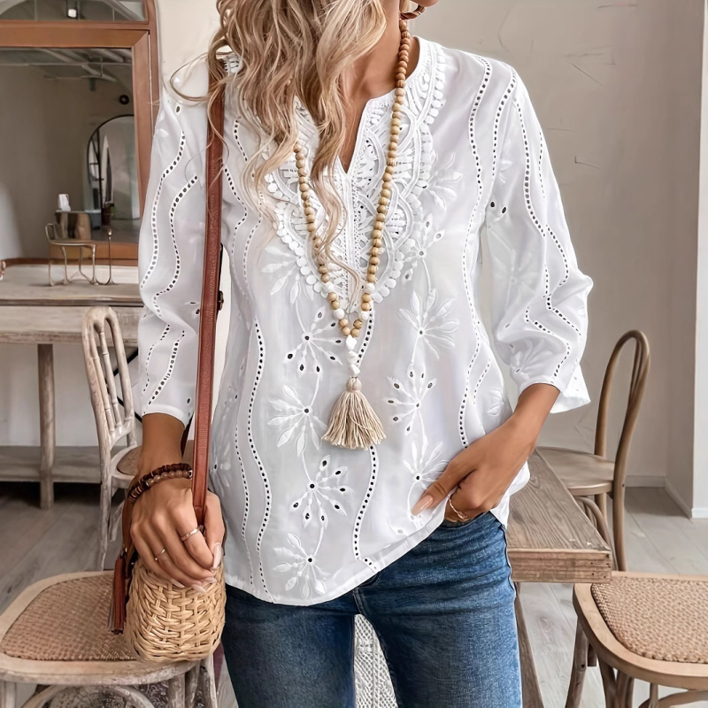 Európai és amerikai Amazon határokon átnyúló 2025 tavaszi és nyári új női felső, laza, V-nyakú, szarv ujjú, csipkés, hímzett ing