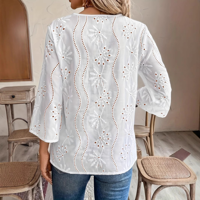 Európai és amerikai Amazon határokon átnyúló 2025 tavaszi és nyári új női felső, laza, V-nyakú, szarv ujjú, csipkés, hímzett ing