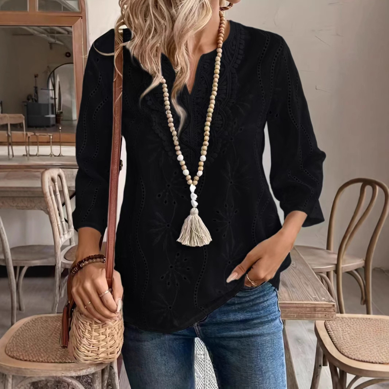 Európai és amerikai Amazon határokon átnyúló 2025 tavaszi és nyári új női felső, laza, V-nyakú, szarv ujjú, csipkés, hímzett ing