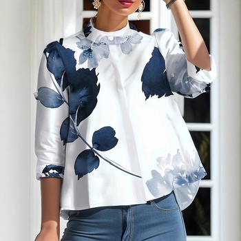 Új európai és amerikai virág- és növénymintás hosszú ujjú ing függőleges gallérral, sötét szegéllyel és fecskefarokkal ellátott női felső