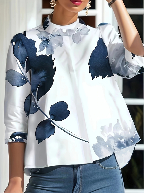 Új európai és amerikai virág- és növénymintás hosszú ujjú ing függőleges gallérral, sötét szegéllyel és fecskefarokkal ellátott női felső