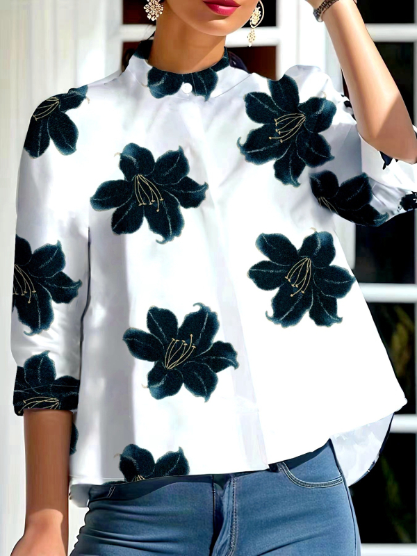 Új európai és amerikai virág- és növénymintás hosszú ujjú ing függőleges gallérral, sötét szegéllyel és fecskefarokkal ellátott női felső