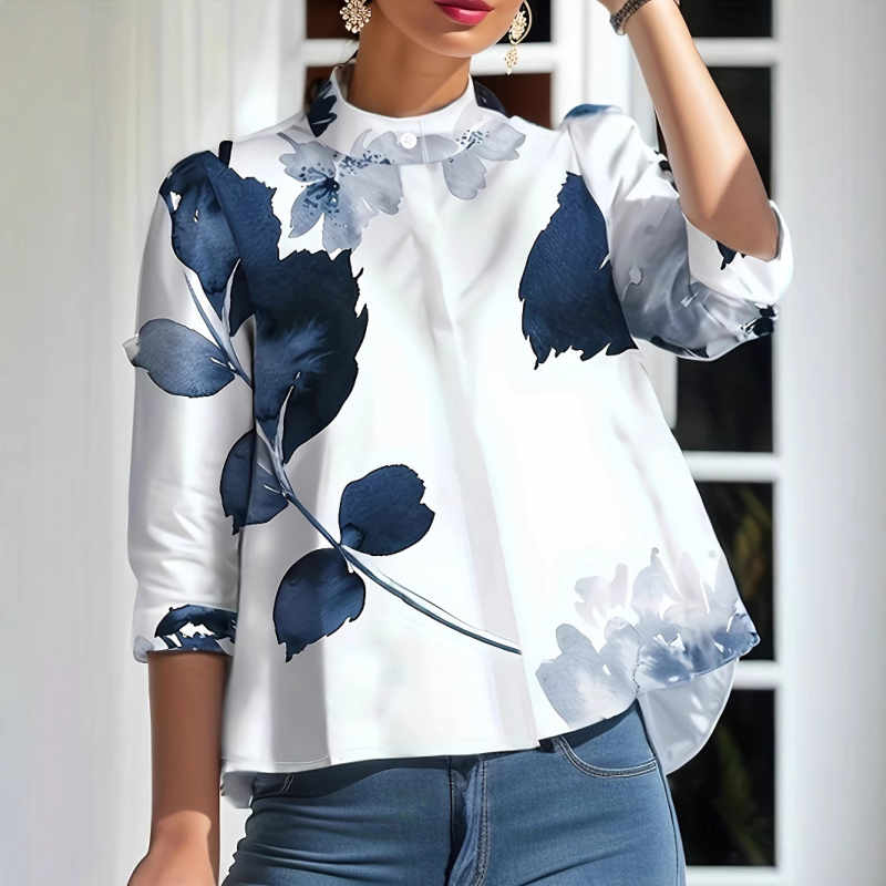 Új európai és amerikai virág- és növénymintás hosszú ujjú ing függőleges gallérral, sötét szegéllyel és fecskefarokkal ellátott női felső