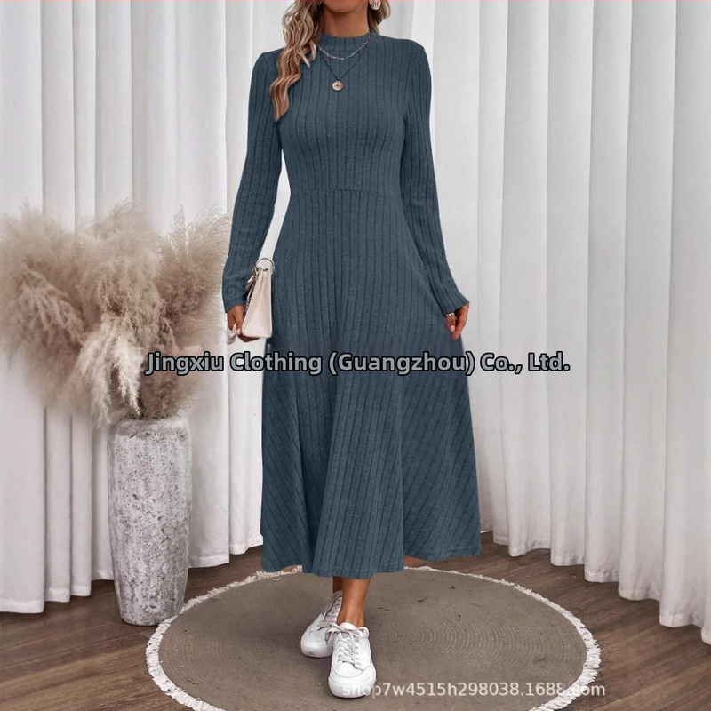 Európai és amerikai határokon átnyúló női ruházat Amazon új őszi és téli elegáns karcsúsított, kerek nyakú, egyszínű, kötött, csiszolás nélküli, laza ruha