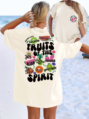 Határon átnyúló új termékek Szentlélek gyümölcsmintás kerek nyakú póló, lezser rövid ujjú tavaszi/nyári női ruházat barackszínű európai és amerikai pamutból