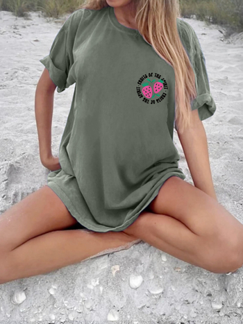 Határon átnyúló új termékek Szentlélek gyümölcsmintás kerek nyakú póló, lezser rövid ujjú tavaszi/nyári női ruházat barackszínű európai és amerikai pamutból