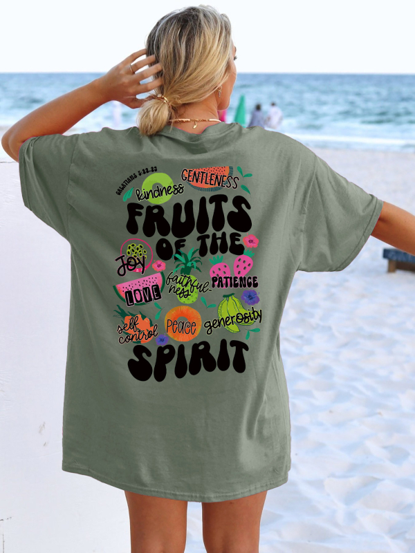 Határon átnyúló új termékek Szentlélek gyümölcsmintás kerek nyakú póló, lezser rövid ujjú tavaszi/nyári női ruházat barackszínű európai és amerikai pamutból