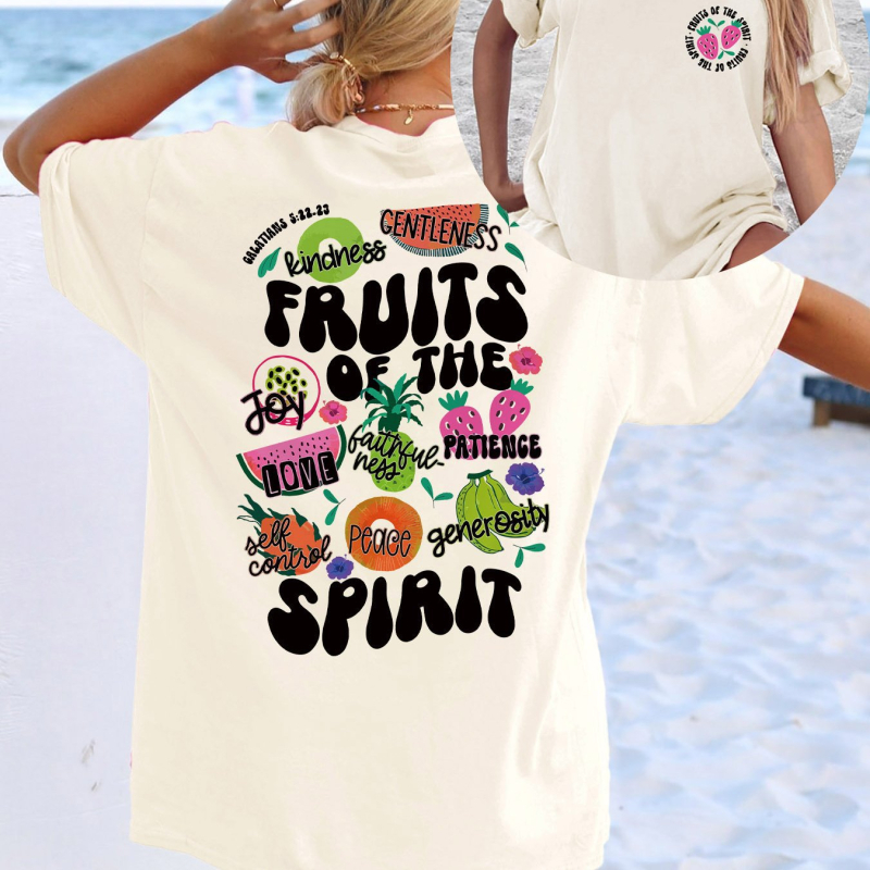 Határon átnyúló új termékek Szentlélek gyümölcsmintás kerek nyakú póló, lezser rövid ujjú tavaszi/nyári női ruházat barackszínű európai és amerikai pamutból