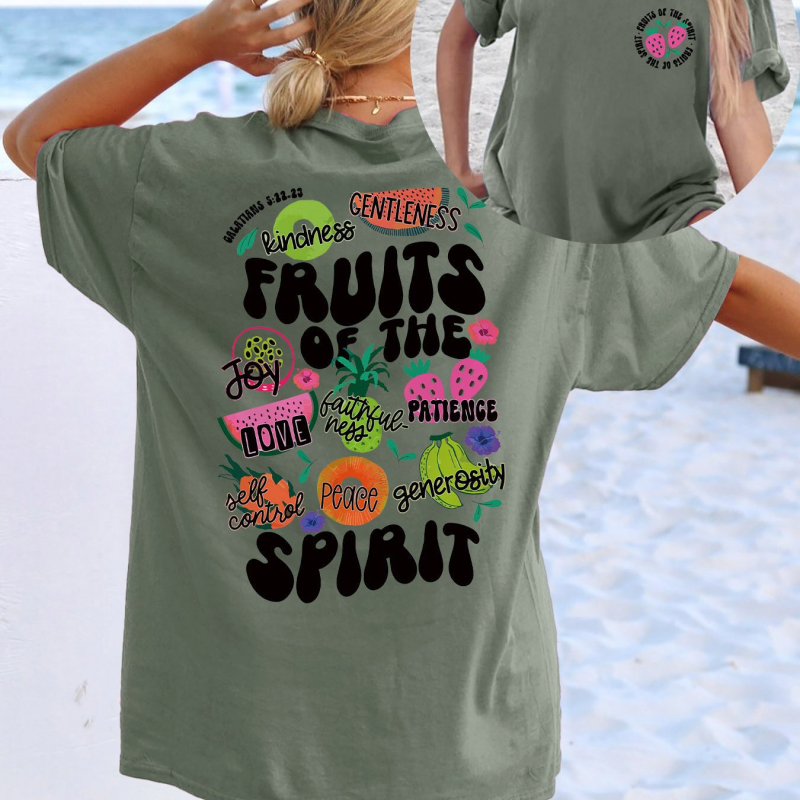 Határon átnyúló új termékek Szentlélek gyümölcsmintás kerek nyakú póló, lezser rövid ujjú tavaszi/nyári női ruházat barackszínű európai és amerikai pamutból