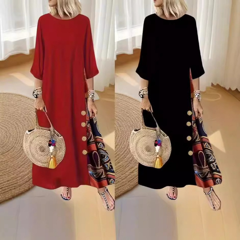 2024. gada AliExpress Amazon Eiropas un Amerikas kleita Autumn Explosions Temperament Button Printing Crewneck kleita noliktavā