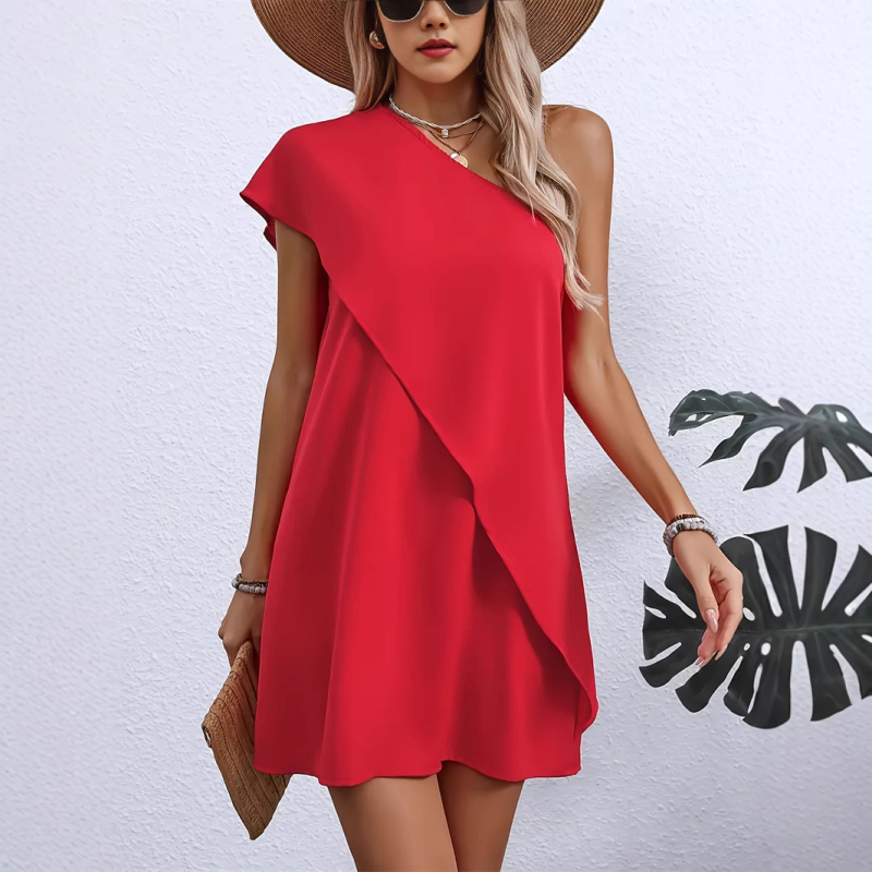 Határokon átnyúló amazon európai és amerikai temperamentumú szexi, hamis ferde vállú ruha, nyári vakációs ujjatlan, A-betűs szoknya