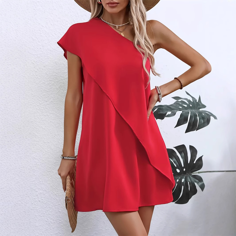 Határokon átnyúló amazon európai és amerikai temperamentumú szexi, hamis ferde vállú ruha, nyári vakációs ujjatlan, A-betűs szoknya