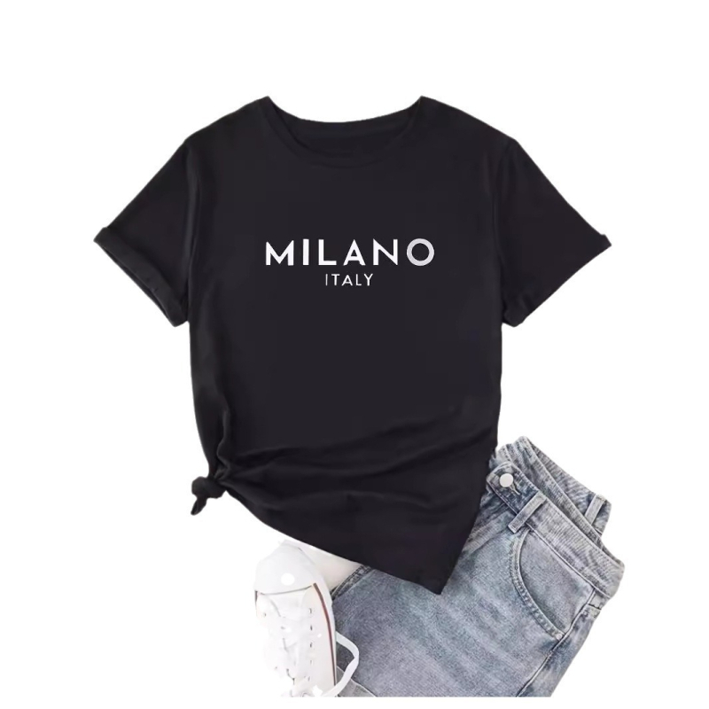 Nyári női ruházati betűmintás kerek nyakú póló